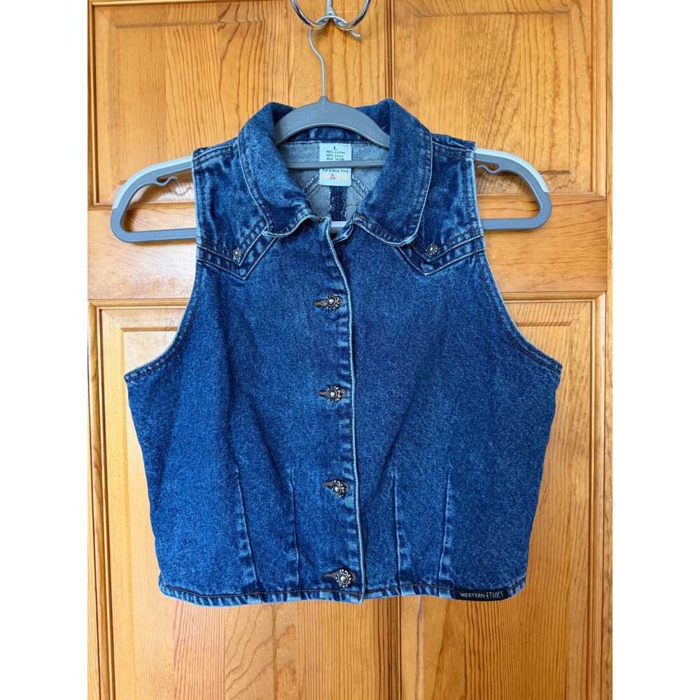 Western Ethics Vintage Denim Vest Medium Wash Cropped Concho Button Women L
